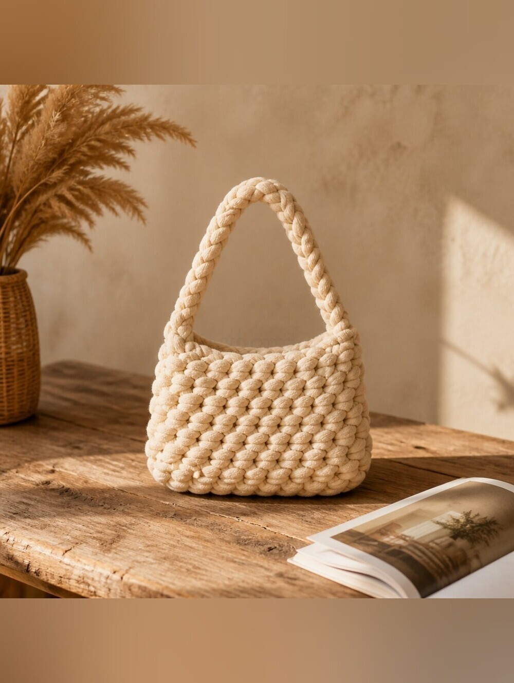 Women's custom Handmade Beige Chunky Crochet Knitted Purse Shoulder Bag Boho